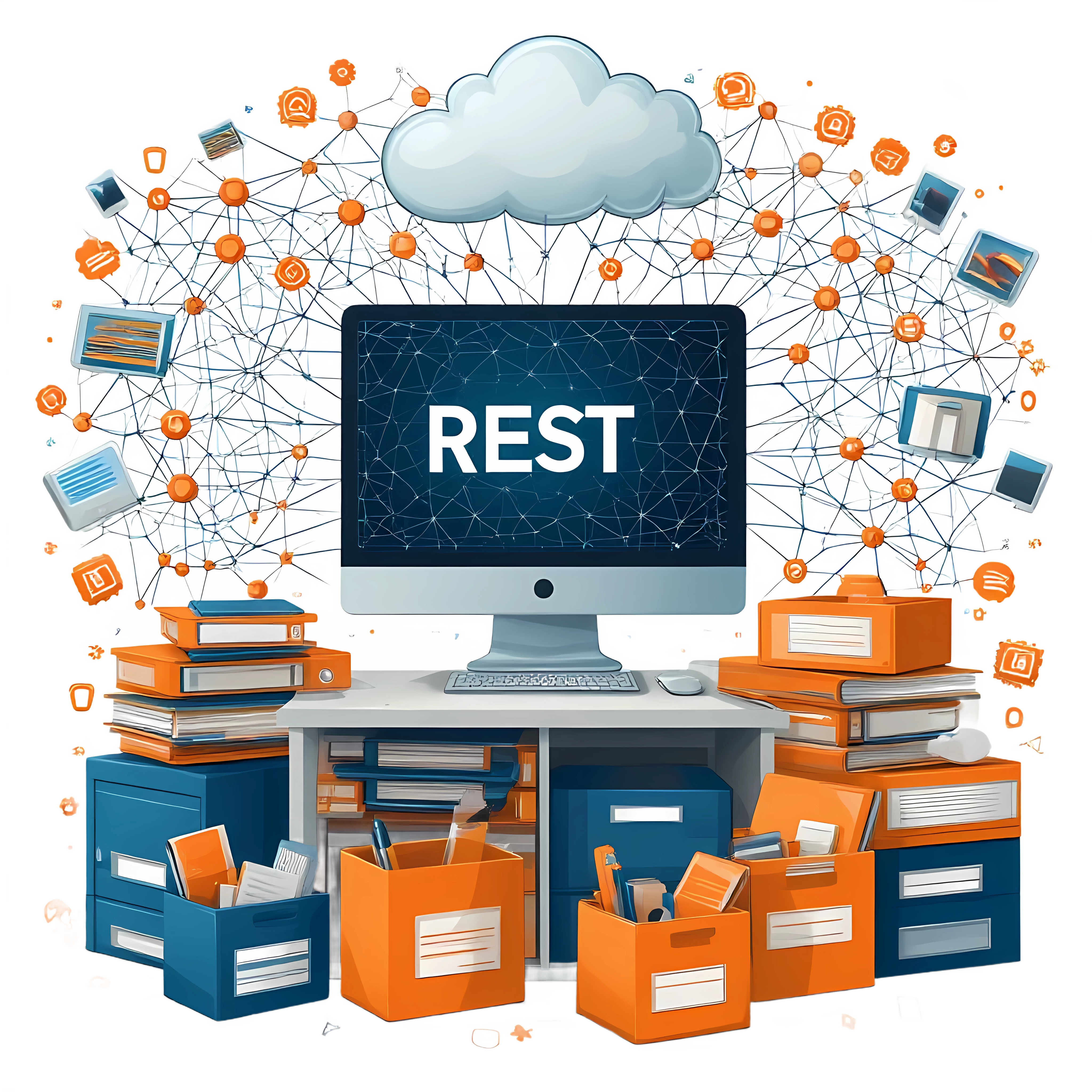 An image of a computer desktop with 'REST' written on the screen. The computer is surrounded by various icons, folders, and networks.